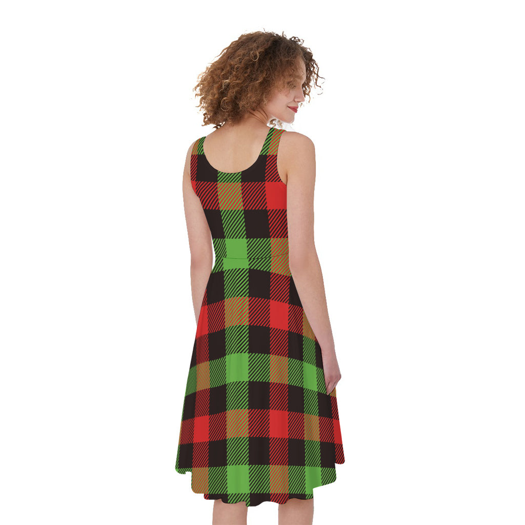 Green Red And Black Buffalo Plaid Print Women's Sleeveless Dress