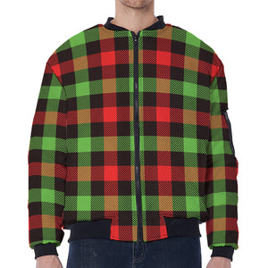 Green Red And Black Buffalo Plaid Print Zip Sleeve Bomber Jacket