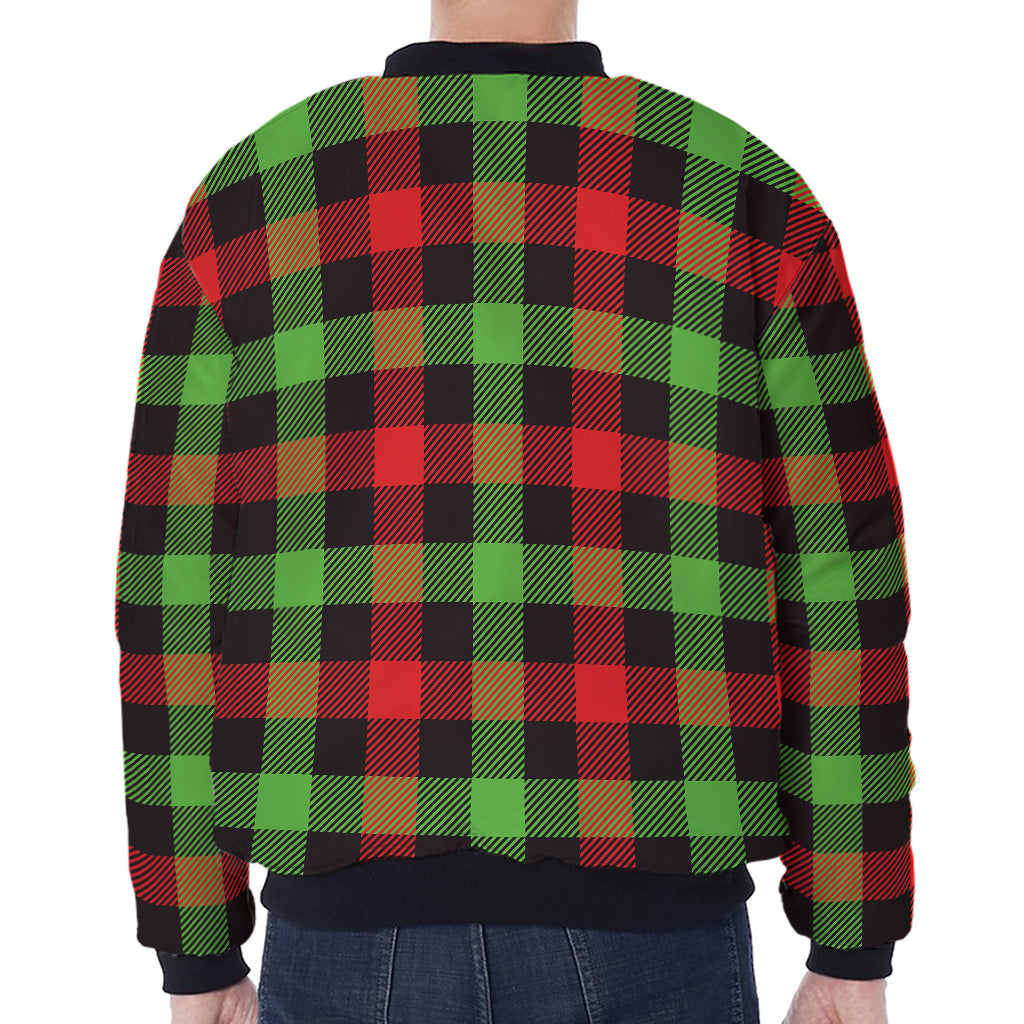 Green Red And Black Buffalo Plaid Print Zip Sleeve Bomber Jacket