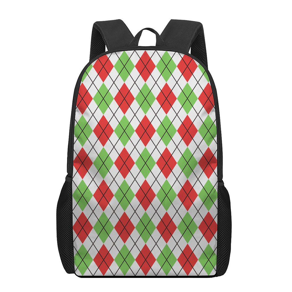 Green Red And White Argyle Pattern Print 17 Inch Backpack