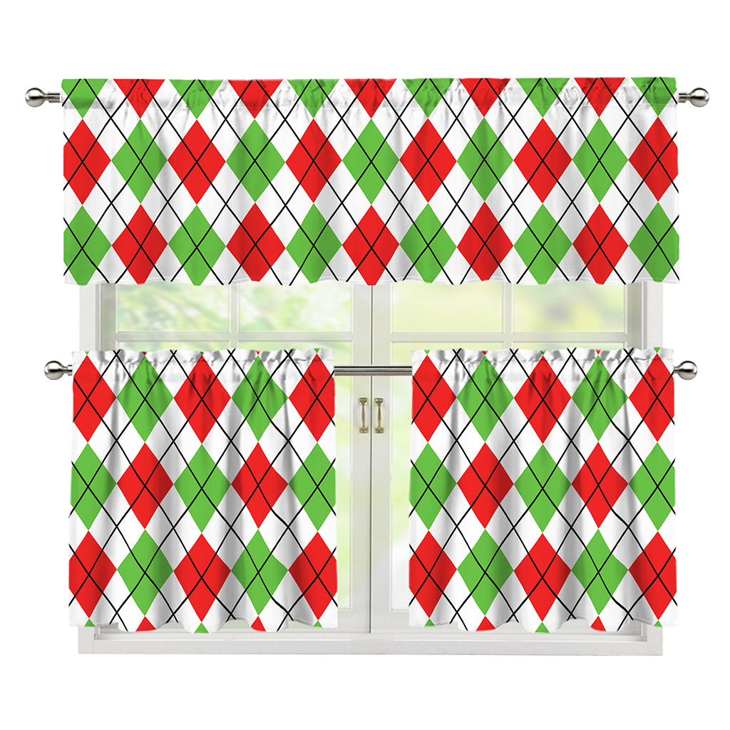 Green Red And White Argyle Pattern Print 3 Piece Kitchen Curtains