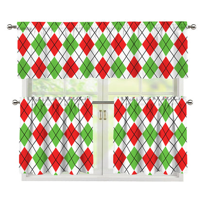 Green Red And White Argyle Pattern Print 3 Piece Kitchen Curtains