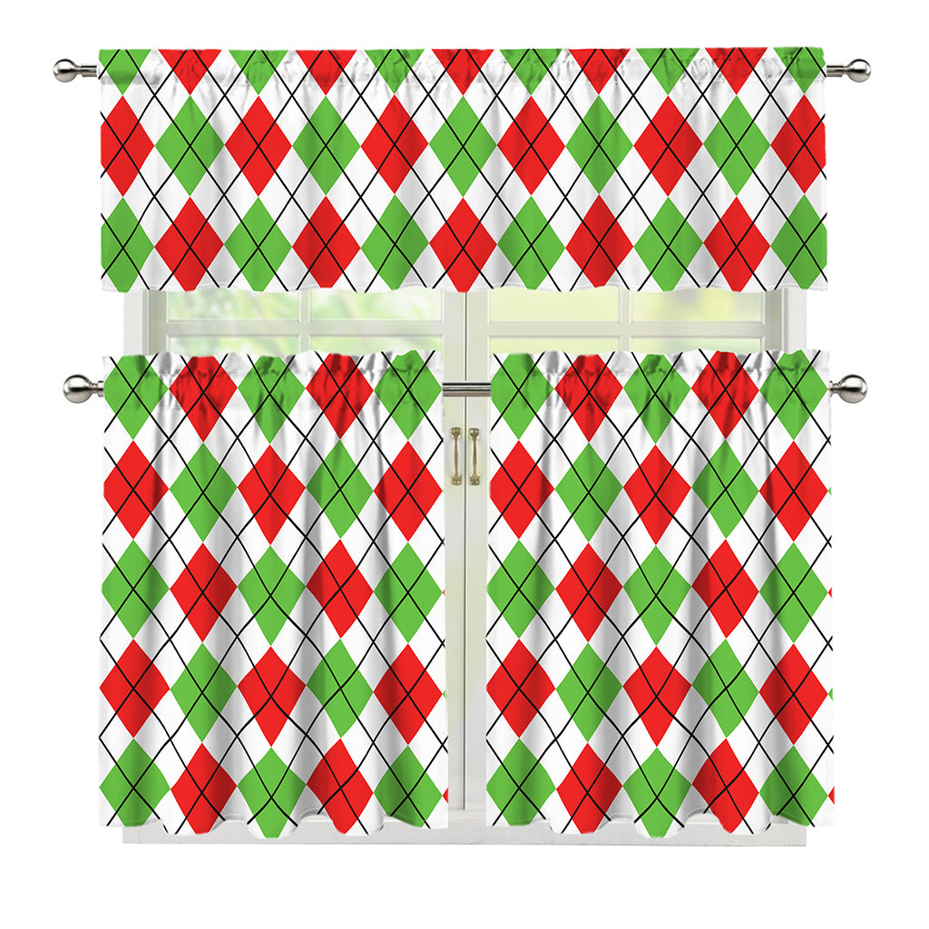 Green Red And White Argyle Pattern Print 3 Piece Kitchen Curtains