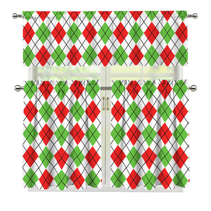 Green Red And White Argyle Pattern Print 3 Piece Kitchen Curtains