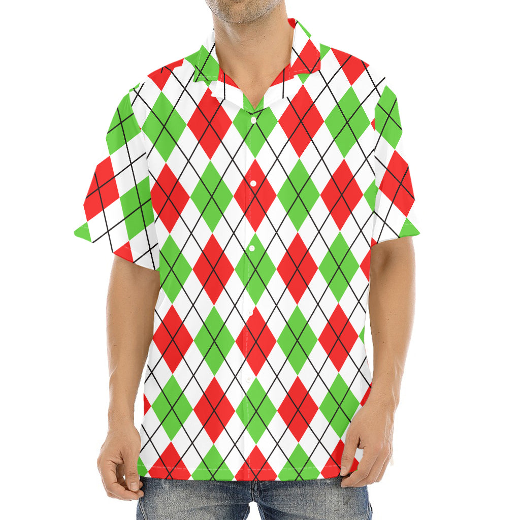 Green Red And White Argyle Pattern Print Aloha Shirt