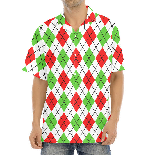 Green Red And White Argyle Pattern Print Aloha Shirt