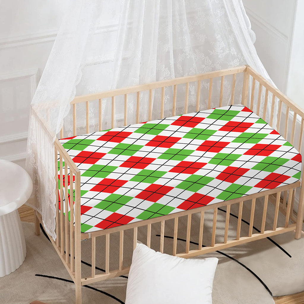 Green Red And White Argyle Pattern Print Baby Crib Sheet