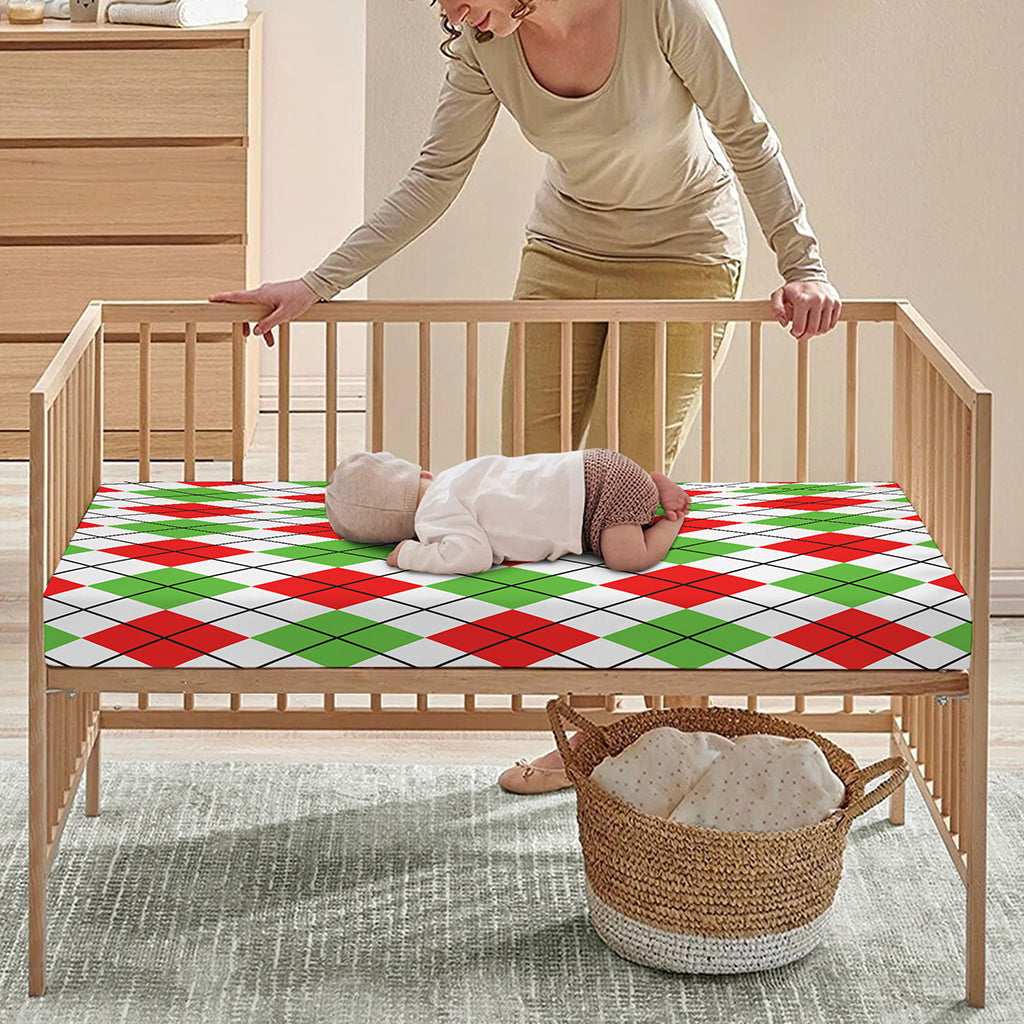Green Red And White Argyle Pattern Print Baby Crib Sheet