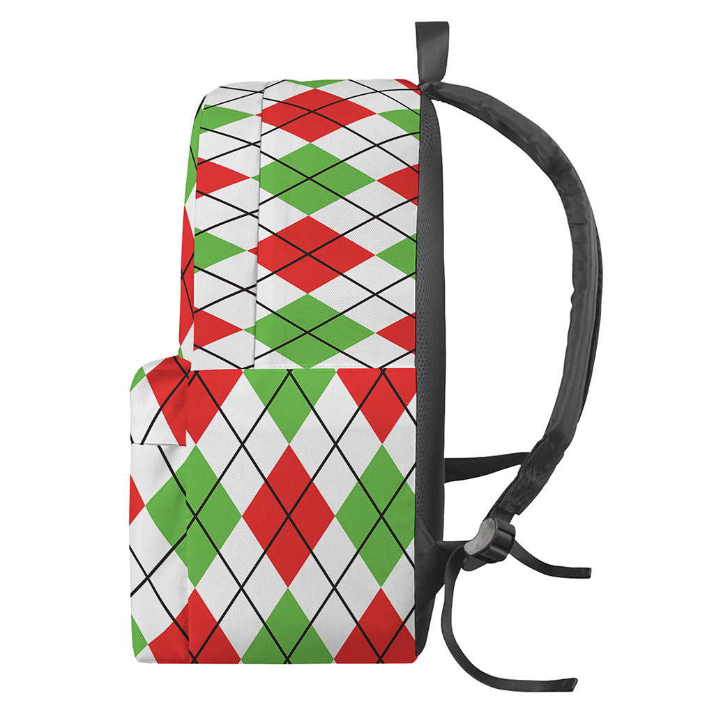 Green Red And White Argyle Pattern Print Backpack