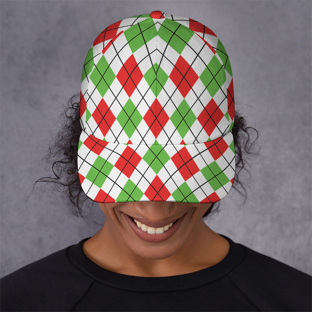 Green Red And White Argyle Pattern Print Baseball Cap