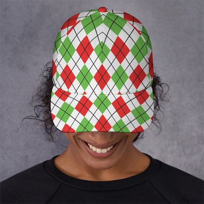 Green Red And White Argyle Pattern Print Baseball Cap