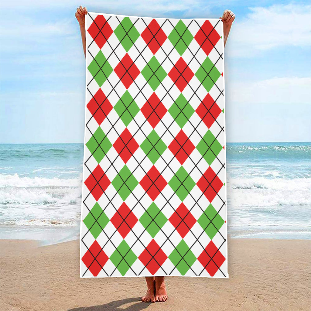 Green Red And White Argyle Pattern Print Beach Towel