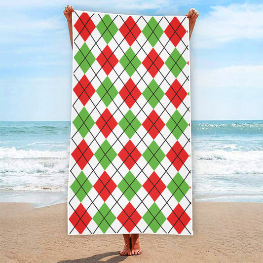 Green Red And White Argyle Pattern Print Beach Towel
