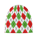 Green Red And White Argyle Pattern Print Beanie