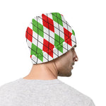 Green Red And White Argyle Pattern Print Beanie