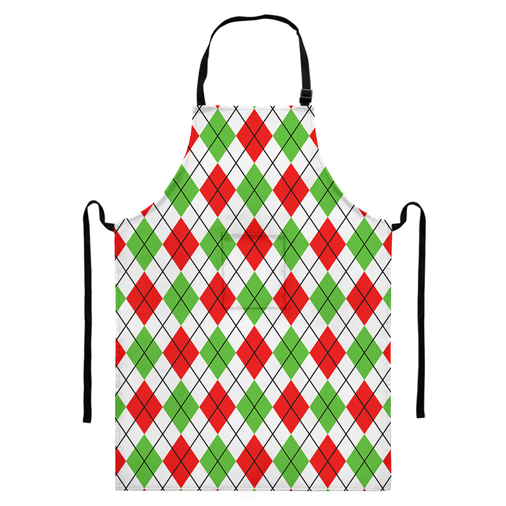 Green Red And White Argyle Pattern Print Bib Apron With Pocket