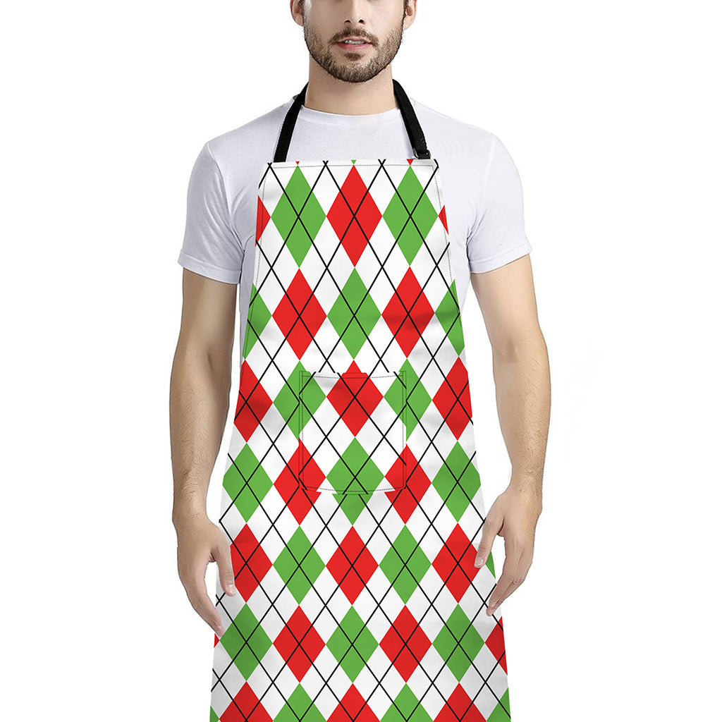 Green Red And White Argyle Pattern Print Bib Apron With Pocket
