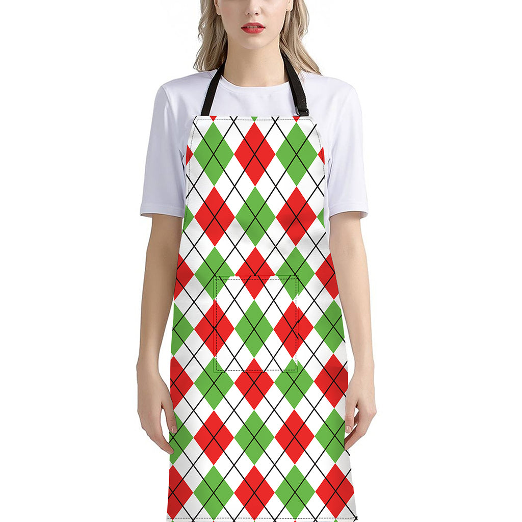 Green Red And White Argyle Pattern Print Bib Apron With Pocket