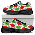Green Red And White Argyle Pattern Print Black Chunky Shoes