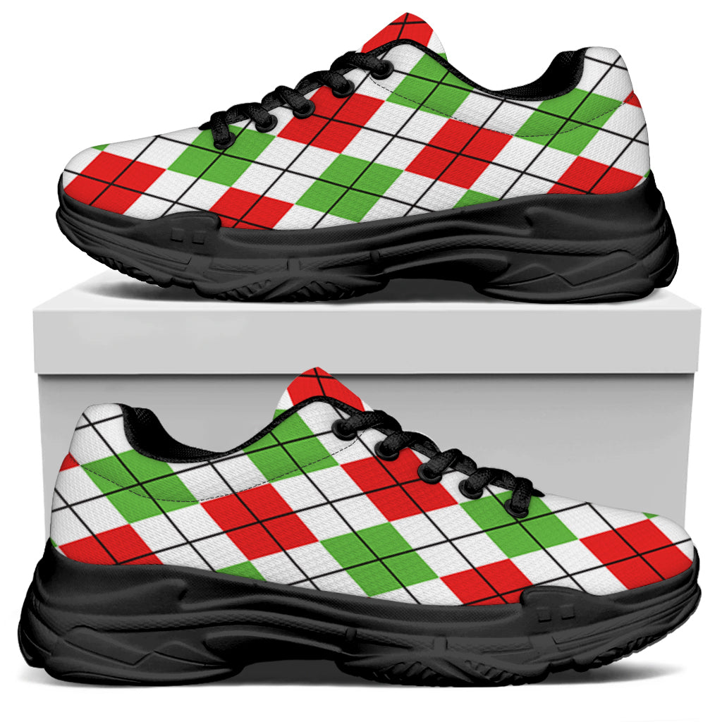 Green Red And White Argyle Pattern Print Black Chunky Shoes
