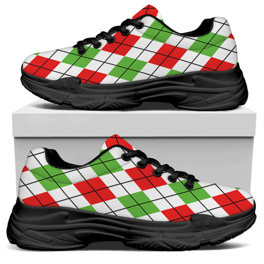 Green Red And White Argyle Pattern Print Black Chunky Shoes