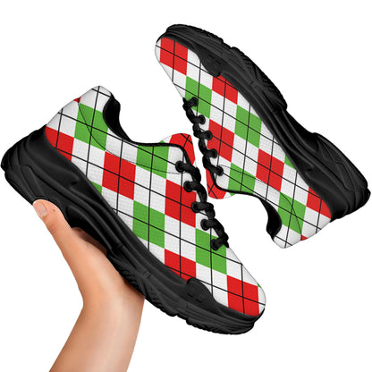 Green Red And White Argyle Pattern Print Black Chunky Shoes