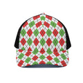 Green Red And White Argyle Pattern Print Black Mesh Trucker Hat