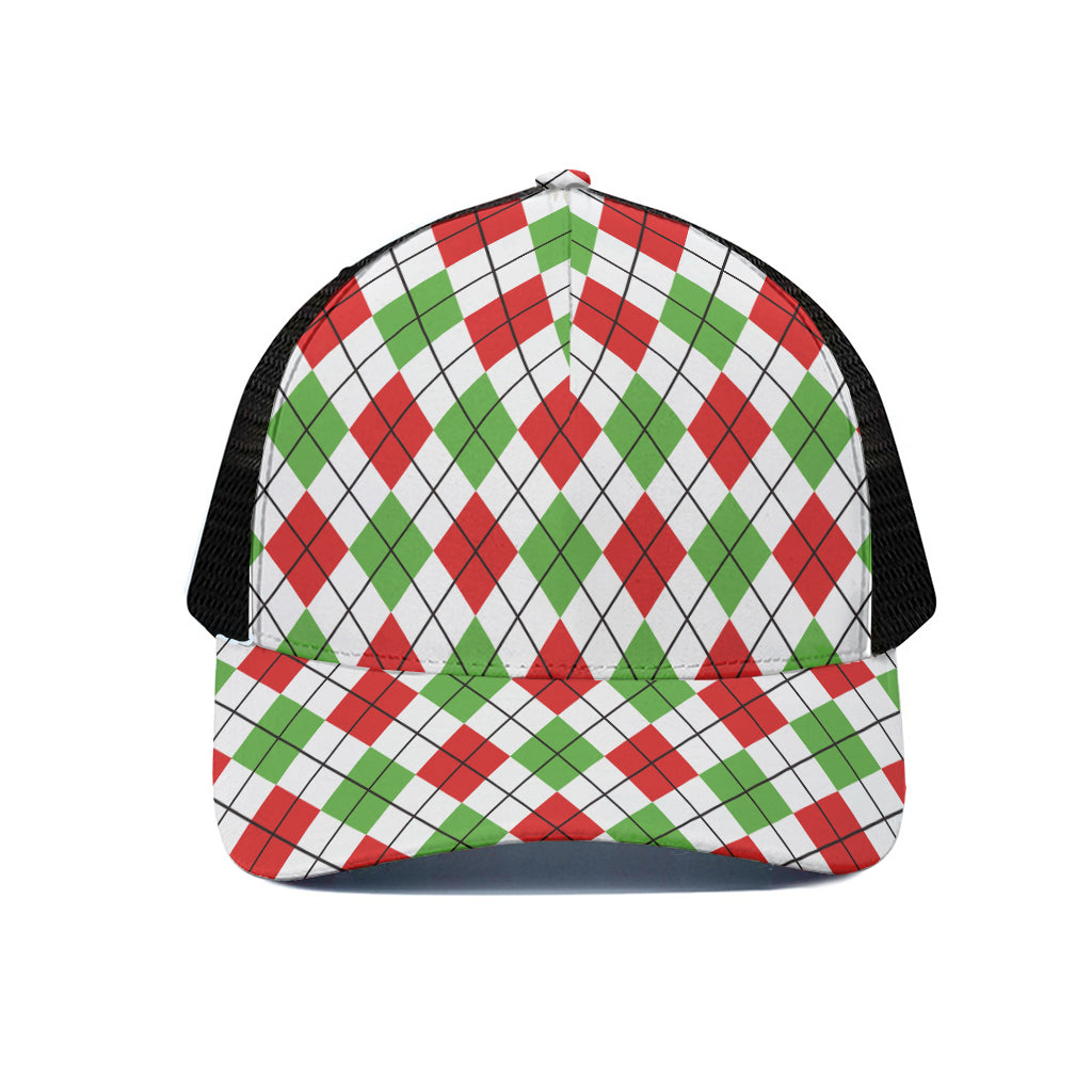 Green Red And White Argyle Pattern Print Black Mesh Trucker Cap