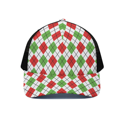 Green Red And White Argyle Pattern Print Black Mesh Trucker Cap