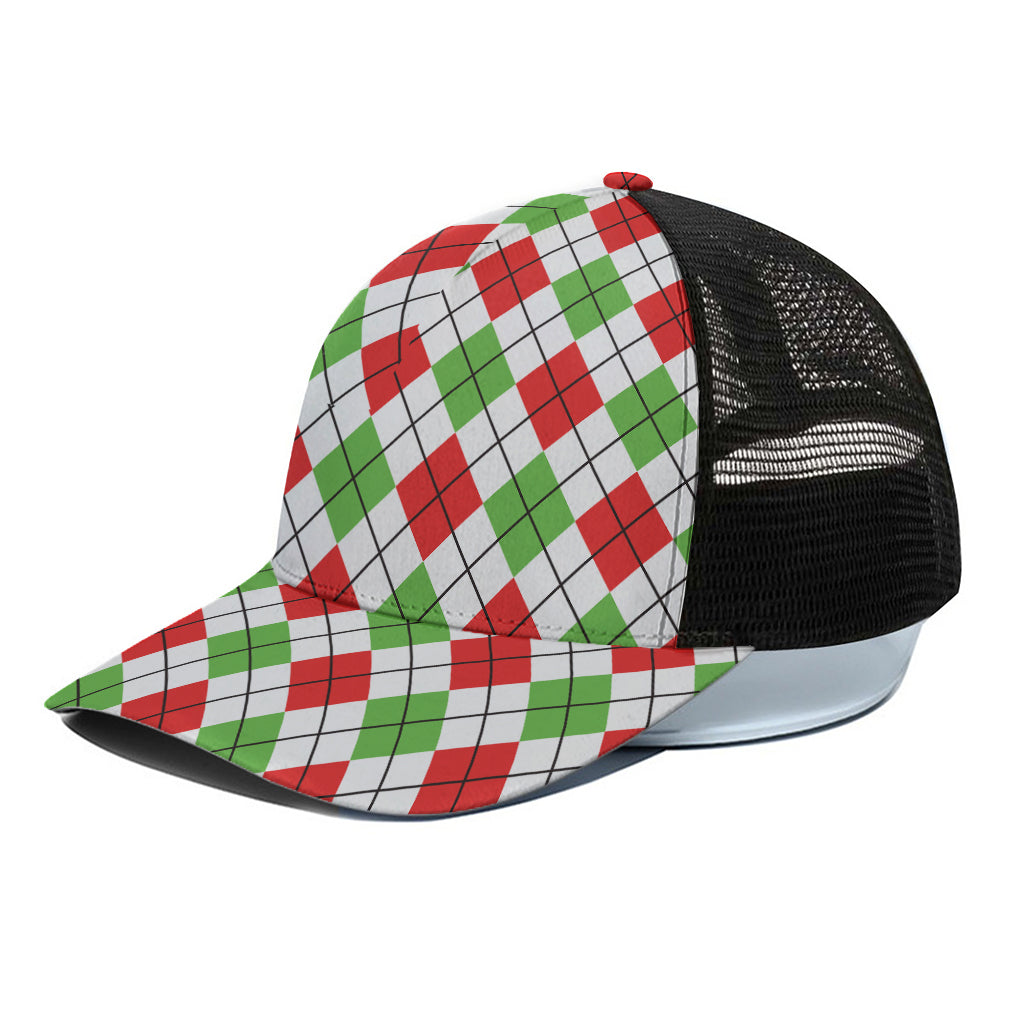 Green Red And White Argyle Pattern Print Black Mesh Trucker Cap