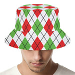 Green Red And White Argyle Pattern Print Bucket Hat