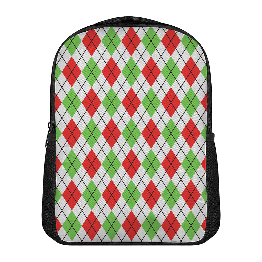 Green Red And White Argyle Pattern Print Casual Backpack