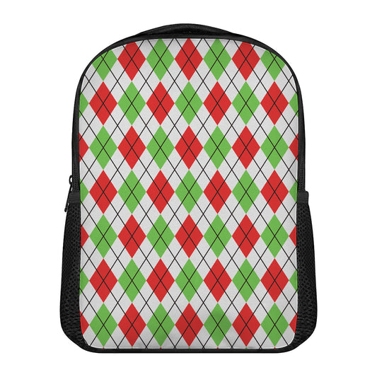 Green Red And White Argyle Pattern Print Casual Backpack