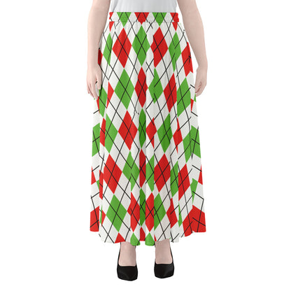 Green Red And White Argyle Pattern Print Chiffon Maxi Skirt