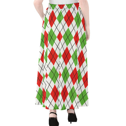 Green Red And White Argyle Pattern Print Chiffon Maxi Skirt