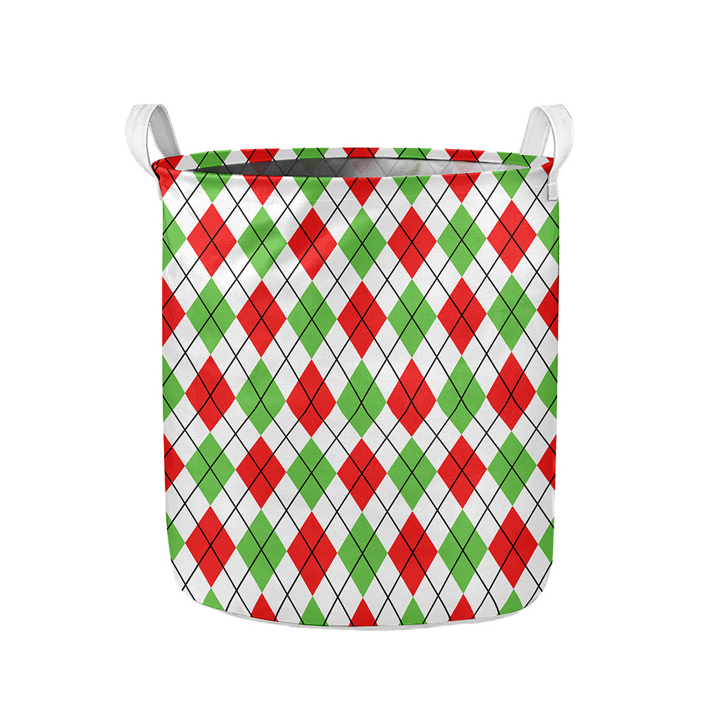 Green Red And White Argyle Pattern Print Collapsible Laundry Basket