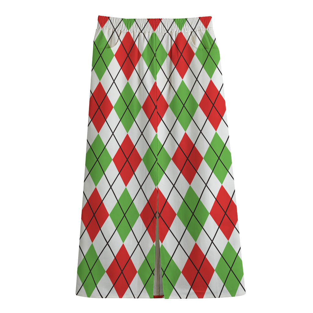 Green Red And White Argyle Pattern Print Cotton Front Slit Maxi Skirt