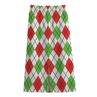 Green Red And White Argyle Pattern Print Cotton Front Slit Maxi Skirt