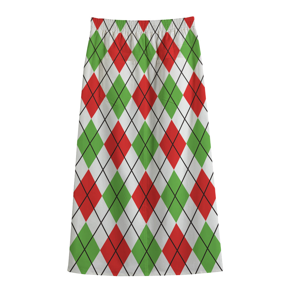 Green Red And White Argyle Pattern Print Cotton Front Slit Maxi Skirt