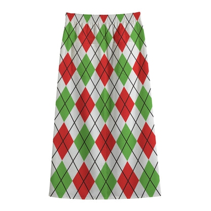 Green Red And White Argyle Pattern Print Cotton Front Slit Maxi Skirt