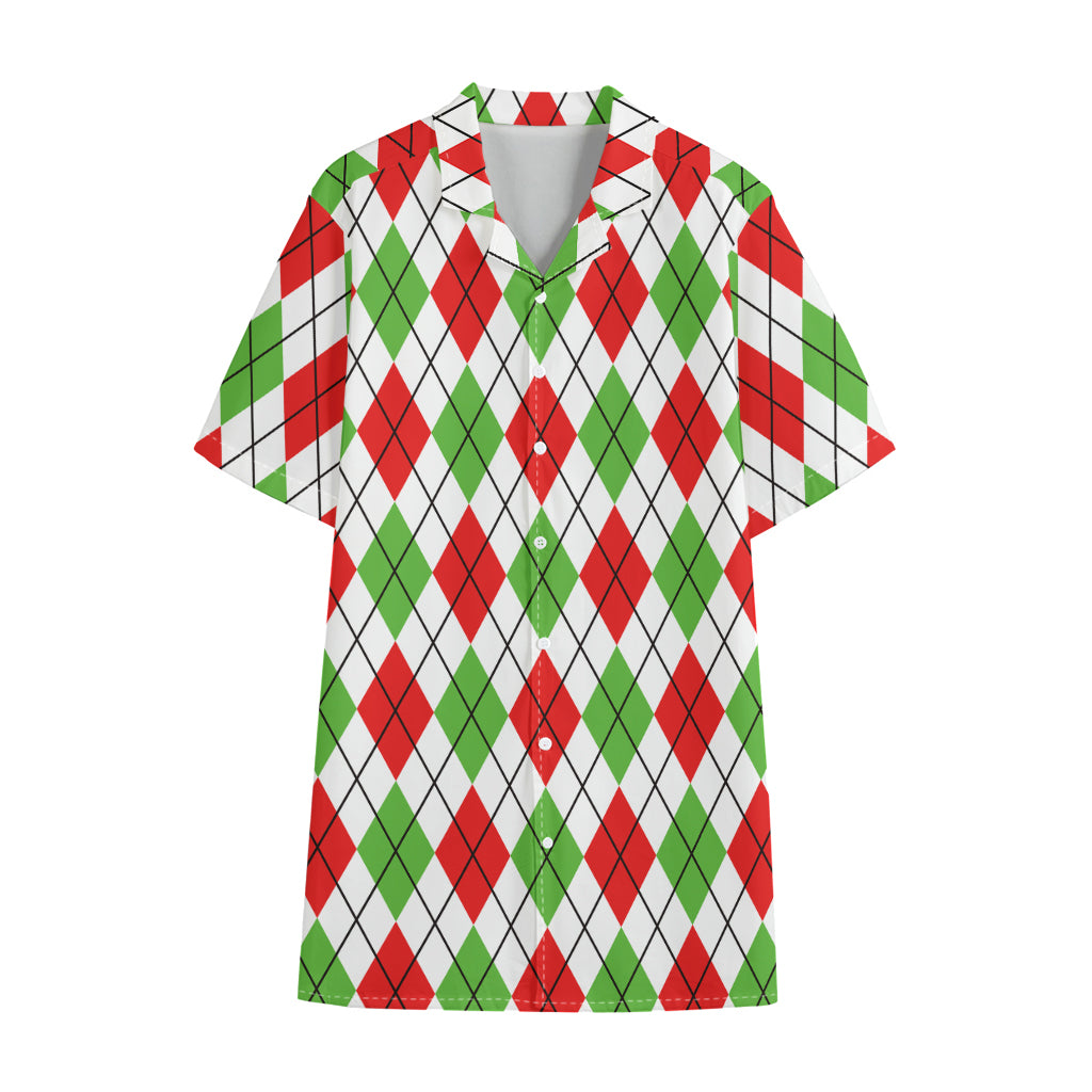 Green Red And White Argyle Pattern Print Cotton Hawaiian Shirt