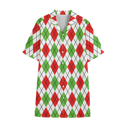 Green Red And White Argyle Pattern Print Cotton Hawaiian Shirt