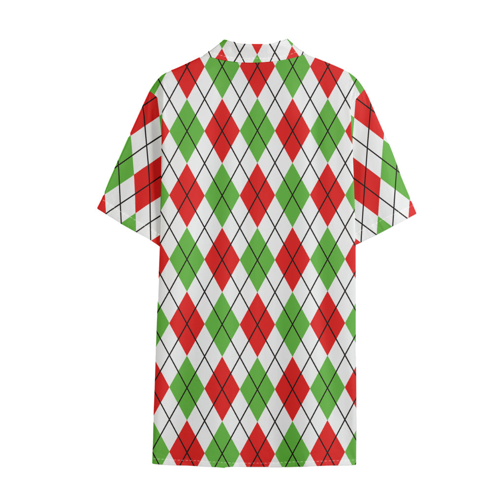 Green Red And White Argyle Pattern Print Cotton Hawaiian Shirt