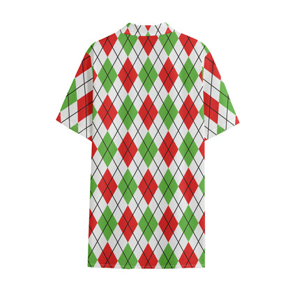 Green Red And White Argyle Pattern Print Cotton Hawaiian Shirt