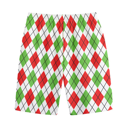 Green Red And White Argyle Pattern Print Cotton Shorts