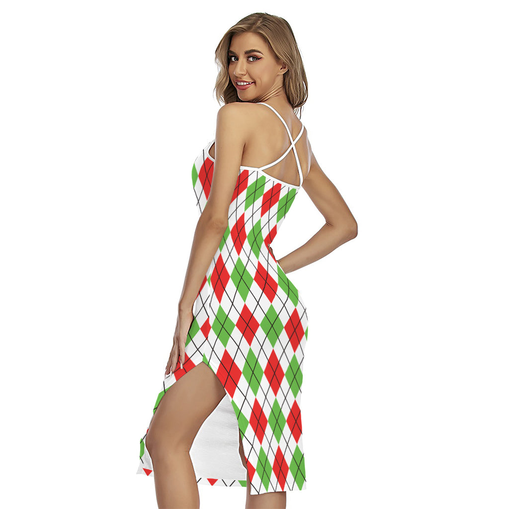 Green Red And White Argyle Pattern Print Cross Back Cami Dress