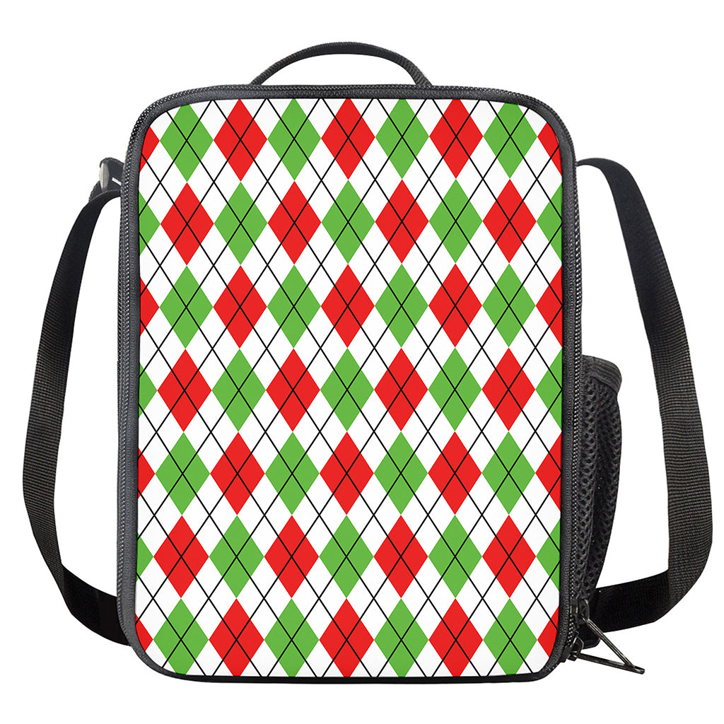 Green Red And White Argyle Pattern Print Crossbody Lunch Bag