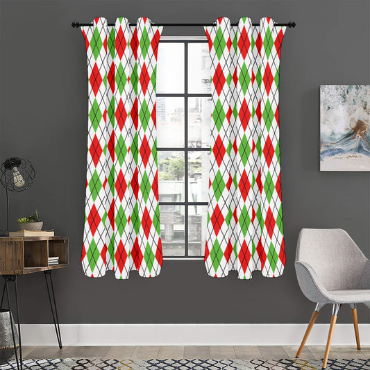 Green Red And White Argyle Pattern Print Curtain