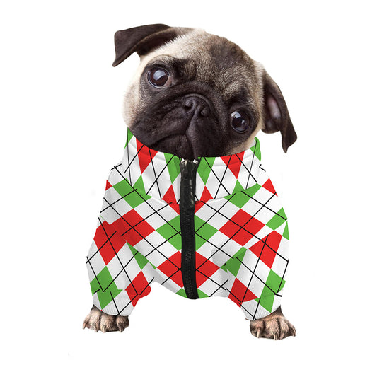 Green Red And White Argyle Pattern Print Dog Zip Up Jacket