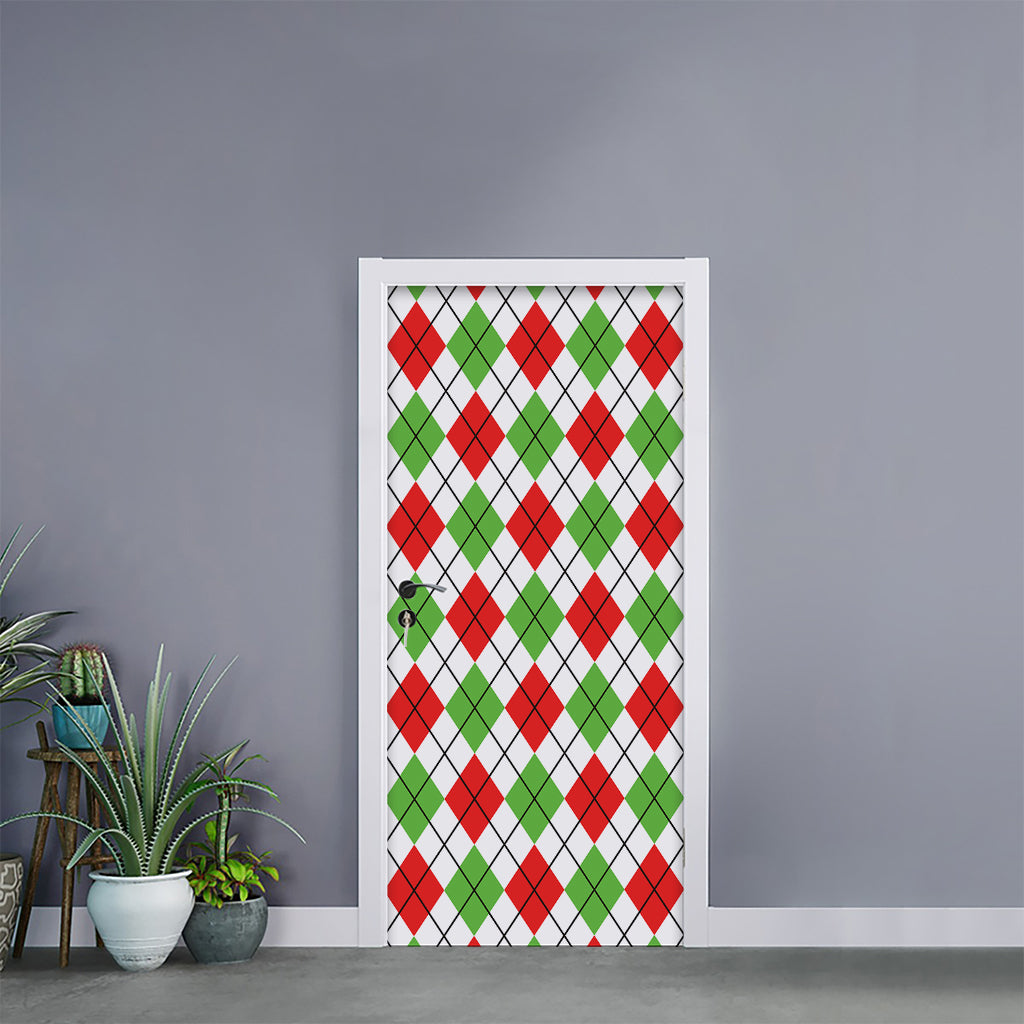 Green Red And White Argyle Pattern Print Door Sticker